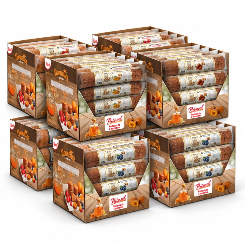 Carton de Mini Nonnettes 60g – 8 parfums assortis (144 rouleaux)