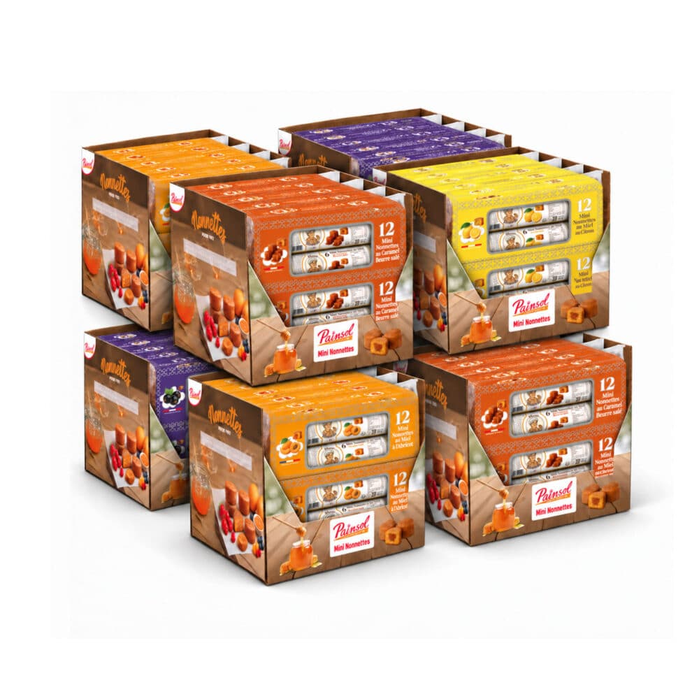 Carton de Mini Nonnettes Assorties – 8 parfums (96 boîtes de 2 rouleaux)